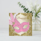 Elegantes Rosa Goldmaske Masquerade Party Einladung (Stehend Vorderseite)