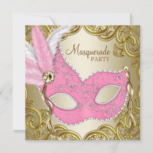 Elegantes Rosa Goldmaske Masquerade Party Einladung (Vorderseite)