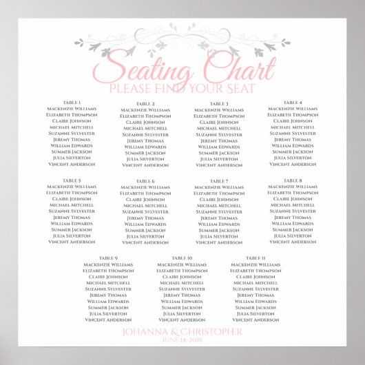 Elegantes Rosa & Grau 11 Tabelle Hochzeitstabelle Poster (Vorne)