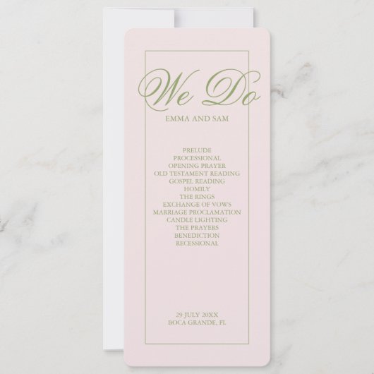 Elegantes, rosa, grün gestrichene Hochzeitsprogram (Vorderseite)