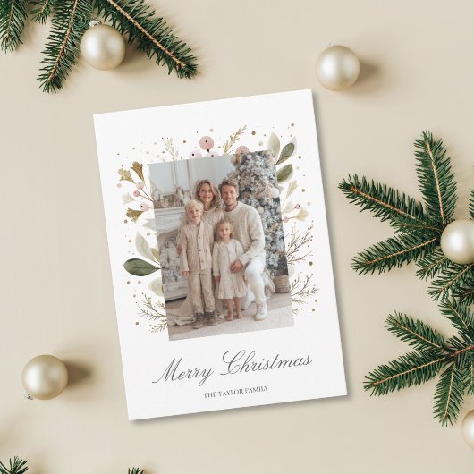 Elegantes Rosa Grün Weihnachtsfamilien Foto Feiertagskarte