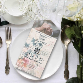 Elegantes rosa grünes Aquarellfarben QR-Foto All In One Einladung