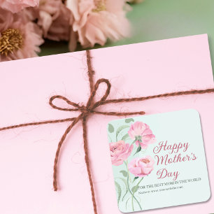 Elegantes Rosa Grünes Florales Muttertags-Design Quadratischer Aufkleber