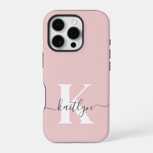 Elegantes Rosa-Hauch-Grau-Script-Monogramm iPhone Hülle (Rückseite)