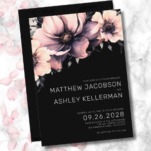 Elegantes Rosa Hauch Schwarz Hochzeitsflorales Einladung