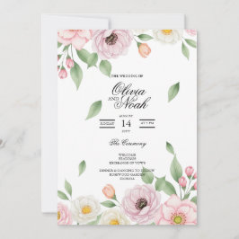 Elegantes Rosa Hauch Wasserfarben Blumenhochzeit Einladung