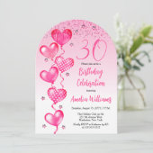 Elegantes Rosa Herzblasen 30. Geburtstag Party Einladung (Stehend Vorderseite)