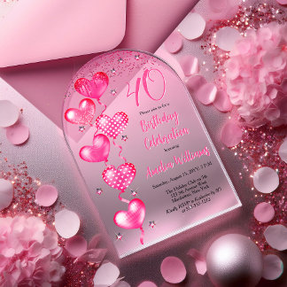 Elegantes Rosa Herzblasen 40. Geburtstag Party Acryleinladungen