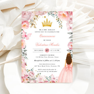 Elegantes Rosa-Hochzeitskleid mit Goldenen Blumen Einladung