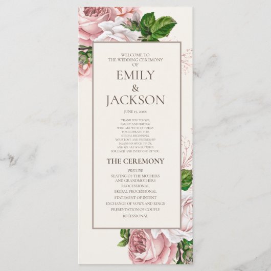 Elegantes Rosa-Hochzeitsprogramm mit floralem Crem Programm (Vorderseite)