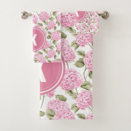 Elegantes rosa Hydragea-Blume Muster Monogramm Badhandtuch Set (Insitu)