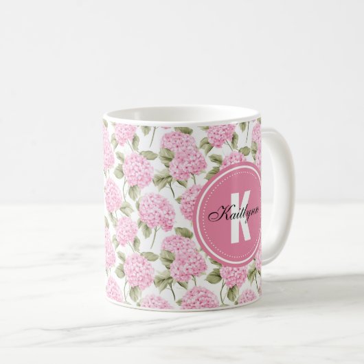 Elegantes rosa Hydragea-Blume Muster-Monogramm-Cof Kaffeetasse (VorderseiteRechts)