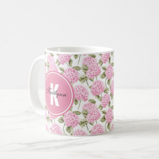 Elegantes rosa Hydragea-Blume Muster-Monogramm-Cof Kaffeetasse (Vorderseite Links)