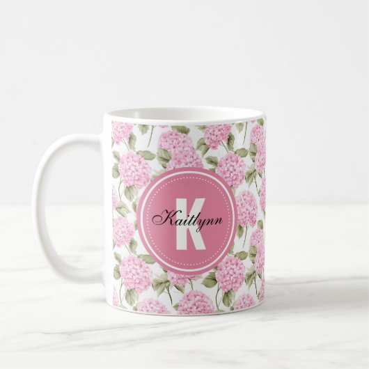 Elegantes rosa Hydragea-Blume Muster-Monogramm-Cof Kaffeetasse (Links)