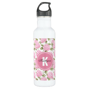 Elegantes rosa Hydragea-Blume Muster Monogramm Edelstahlflasche