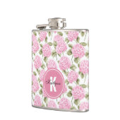 Elegantes rosa Hydragea-Blume Muster Monogramm Flachmann (Links)