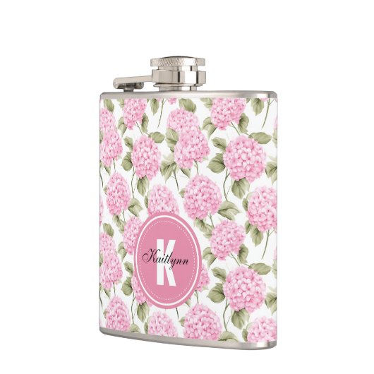 Elegantes rosa Hydragea-Blume Muster Monogramm Flachmann (Links)