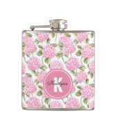 Elegantes rosa Hydragea-Blume Muster Monogramm Flachmann (Vorderseite)