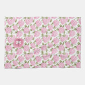 Elegantes rosa Hydragea-Blume Muster Monogramm Geschirrtuch (Horizontal)