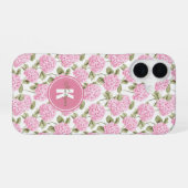 Elegantes rosa Hydragea-Blume Muster Monogramm iPhone 16 Hülle (Rückseite (Horizontal))