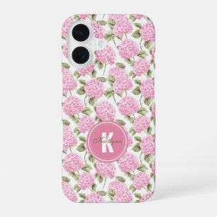 Elegantes rosa Hydragea-Blume Muster Monogramm iPhone 16 Hülle