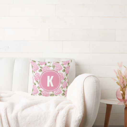 Elegantes rosa Hydragea-Blume Muster Monogramm Kissen (Liege)