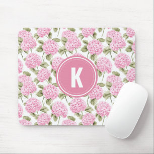 Elegantes rosa Hydragea-Blume Muster Monogramm Mousepad