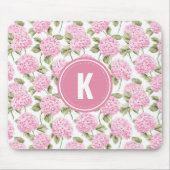 Elegantes rosa Hydragea-Blume Muster Monogramm Mousepad (Vorne)