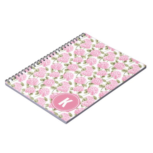 Elegantes rosa Hydragea-Blume Muster Monogramm Notizblock (Linke Seite)
