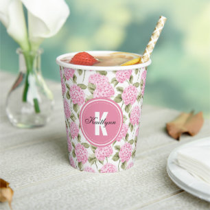 Elegantes rosa Hydragea-Blume Muster Monogramm Pappbecher