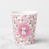 Elegantes rosa Hydragea-Blume Muster Monogramm Pappbecher (Vorderseite)