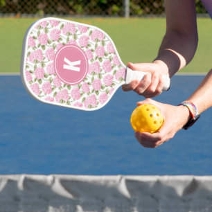 Elegantes rosa Hydragea-Blume Muster Monogramm Pickleball Schläger