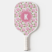 Elegantes rosa Hydragea-Blume Muster Monogramm Pickleball Schläger (Vorderseite)