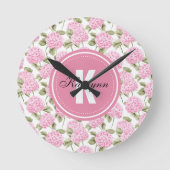 Elegantes rosa Hydragea-Blume Muster Monogramm Runde Wanduhr (Vorderseite)