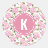 Elegantes rosa Hydragea-Blume Muster Monogramm Runder Aufkleber (Vorderseite)