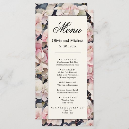 Elegantes, rosa Hydrangeas in Aquarellfarben Hochz Menükarte (Vorne/Hinten)