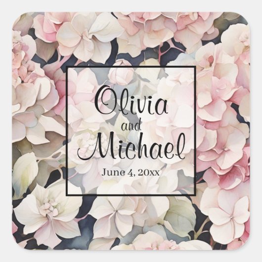 Elegantes, rosa Hydrangeas in Aquarellfarben Quadratischer Aufkleber (Vorderseite)
