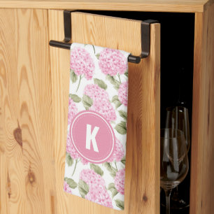 Elegantes rosa Hydrangeen-Blumenmuster-Monogramm Geschirrtuch
