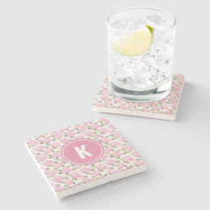Elegantes rosa Hydrangeen-Blumenmuster-Monogramm Steinuntersetzer