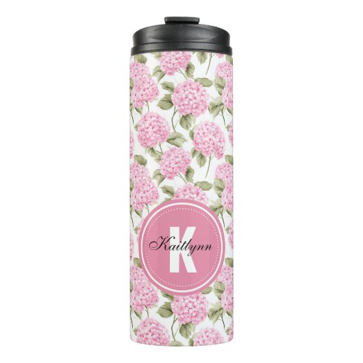 Elegantes rosa Hydrangeen-Blumenmuster-Monogramm Thermosbecher (Vorderseite)