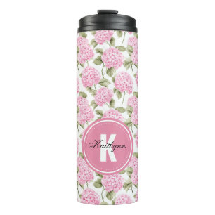 Elegantes rosa Hydrangeen-Blumenmuster-Monogramm Thermosbecher