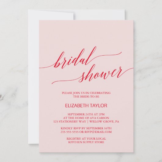 Elegantes Rosa Kalligrafie Brautparty Einladung (Vorderseite)