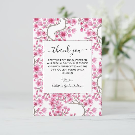 Elegantes rosa Kirschblossom Wasserfarben Dankeskarte (Stehend Vorderseite)