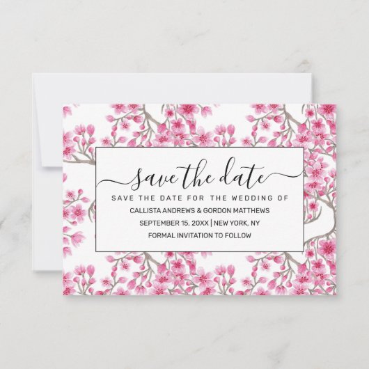 Elegantes rosa Kirschblossom Wasserfarben Save The Date (Vorderseite)