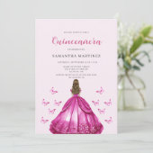 Elegantes rosa Kleid Quinceañera Einladung (Stehend Vorderseite)