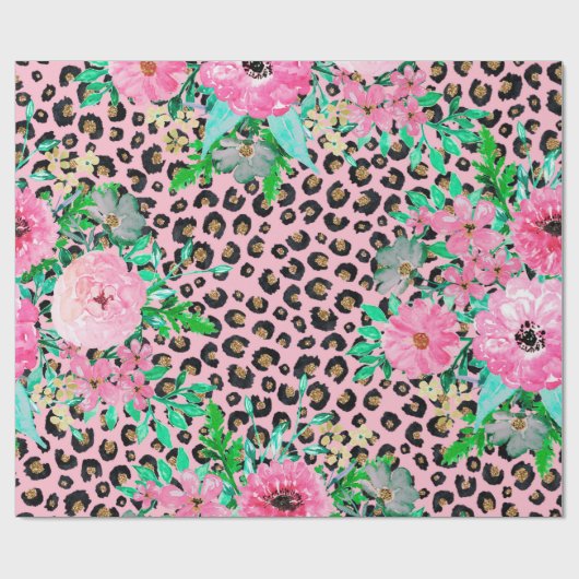 Elegantes rosa Leopard Print und Blumendesign Geschenkpapier (Flach)