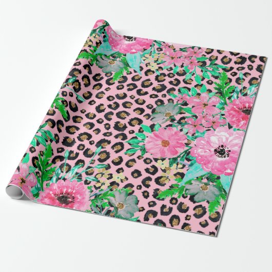 Elegantes rosa Leopard Print und Blumendesign Geschenkpapier (Ungerollt)