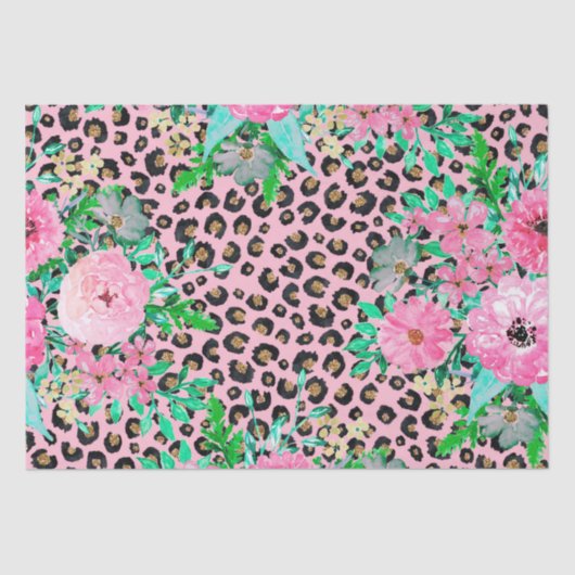 Elegantes rosa Leopard Print und Blumendesign Seidenpapier (Vorderseite)