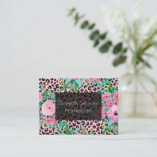 Elegantes rosa Leopard Print und Blumendesign Visitenkarte (Stehend Vorderseite)