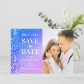 Elegantes Rosa Lila Blue Glitzer Foto Hochzeit Save The Date (Stehend Vorderseite)